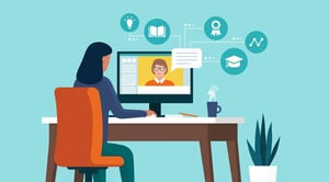 illustration of girl at computer learning from teacher online